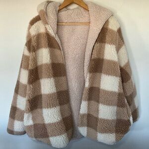Love Tree Teddy Sherpa Plaid Tan White Cream Brown Cardigan Reversible Smalll